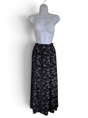 Frnch Paris Boho Maxi Skirt Pleated, Pockets, Adjustable Tie Waist Black Size M